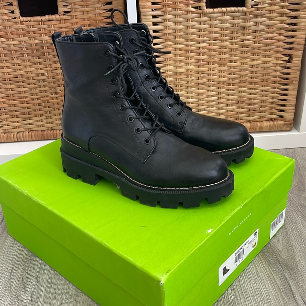 Sam Edelman Black Lace-Up Lug Sole Combat Boots